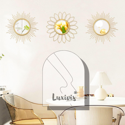 3 Pack Metal Sunburst Wall Mirrors – Decorative Wall Art in Gold